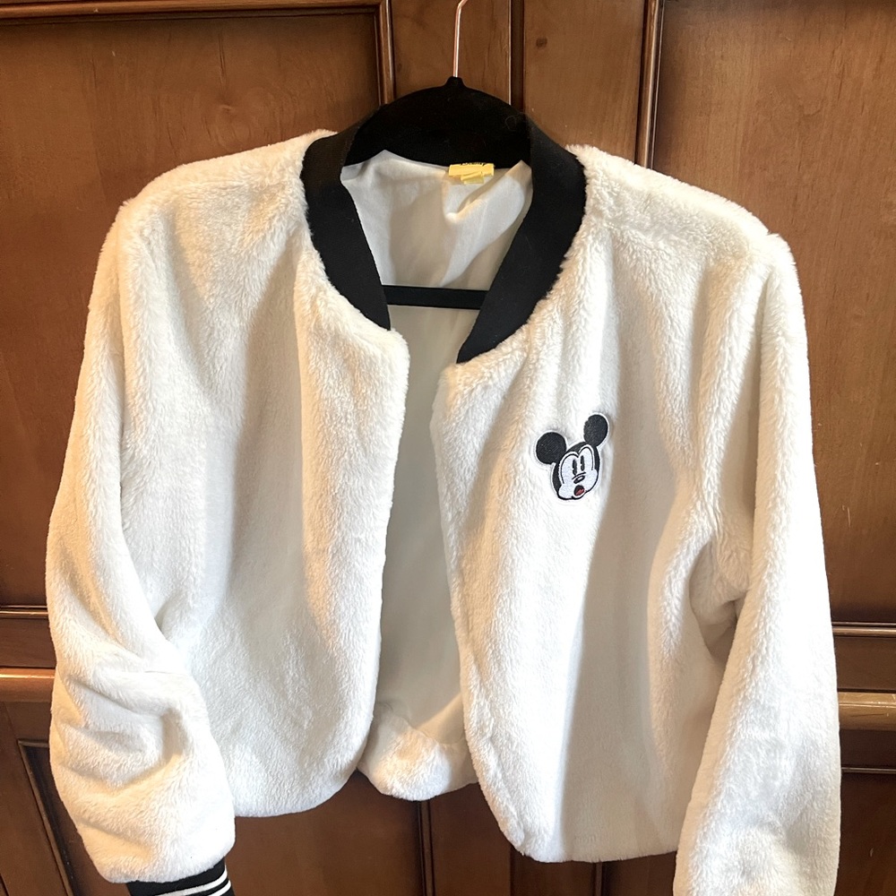 Mickey Mouse 90 th  year Anniversary white faux fur bomber Jacket XL